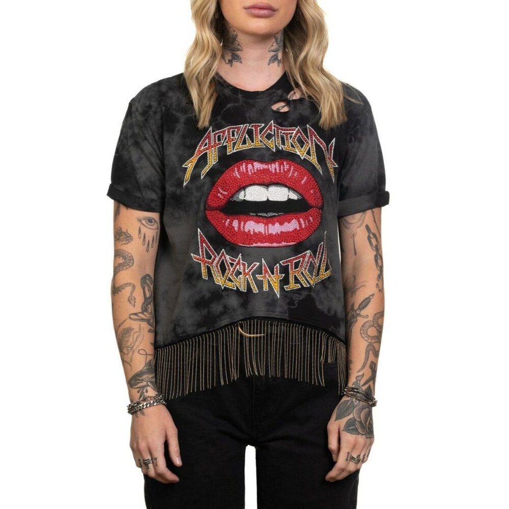 New Affliction Lips Rock N Roll Jeweled Beaded Fringe Size S/M